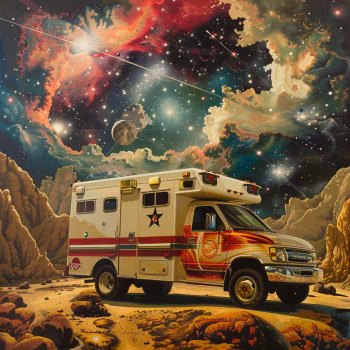 Avatar image featuring an ambulance on a fantastical alien landscape with a vibrant galaxy in the background, evoking themes of sci-fi and emergency services.