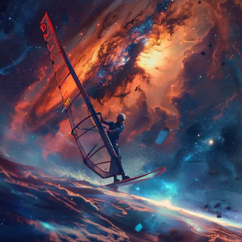 Profile photo of a windsurfer sailing across a cosmic ocean under a vibrant, star-filled sky.