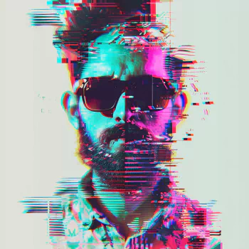 Avatar of a hipster with a glitch effect, featuring a bearded man with sunglasses.