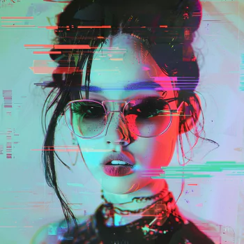 Hipster style avatar with glitch effect, featuring a person with sunglasses and a cool attitude.