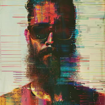 Stylish hipster avatar with glitch effect featuring a bearded man with sunglasses for profile picture.