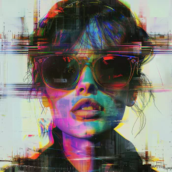 A vibrant glitch art profile photo featuring a hipster with sunglasses, showcasing bold colors and distorted effects for a unique online presence.