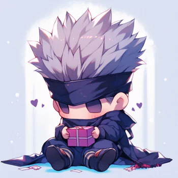 A cute, chibi-style avatar of Satoru Gojo from Jujutsu Kaisen, sitting with a gift, surrounded by hearts, showcasing a playful and charming anime vibe.