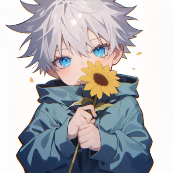 Anime avatar of Satoru Gojo from Jujutsu Kaisen, featuring him with silver hair, blue eyes, and holding a sunflower.