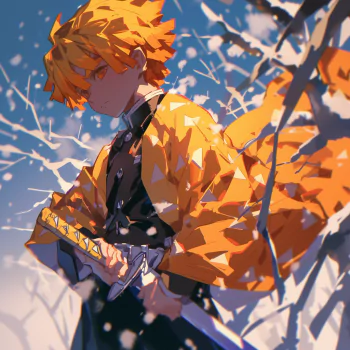 Demon Slayer: Kimetsu no Yaiba inspired avatar featuring an anime character with fiery orange hair and a patterned kimono, poised for battle against a backdrop of contrasting blue skies and autumn leaves.