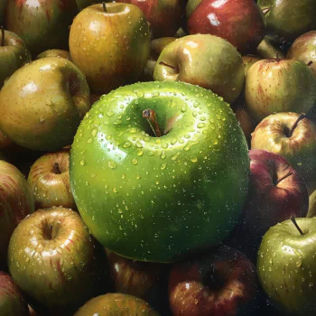 Close-up view of a green apple with water droplets, standing out among a group of red and yellow apples, suitable as a vibrant avatar or profile picture.