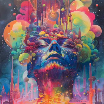 Colorful, cosmic-themed avatar featuring a surreal, trippy face with vivid clouds and fantastical cityscape elements.