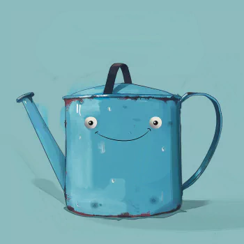 Cheerful blue watering can avatar with a cute smiling face against a light blue background.