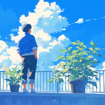 Anime-style profile picture of a boy looking at a clear sky from a balcony surrounded by lush plants.