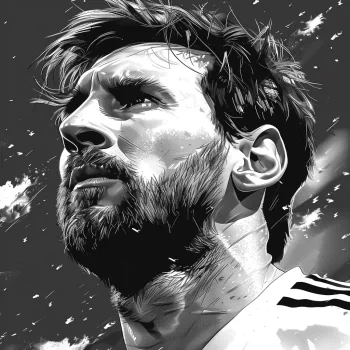 Black and white digital illustration of a soccer player as an avatar, expressing focused determination.