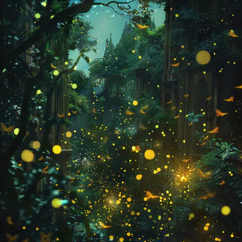 A vibrant forum avatar featuring a mystical scene filled with glowing fireflies amidst lush greenery and enchanting, ancient architecture.