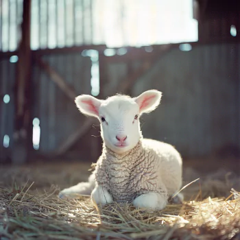 Profile photo of a content lamb sitting in straw, bathed in soft sunlight inside a barn.