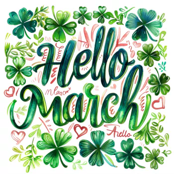 Forum avatar featuring vibrant calligraphy that reads Hello March surrounded by lush green clovers.
