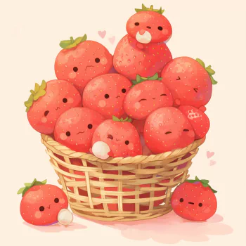 Profile photo featuring a whimsical illustration of smiling strawberries in a woven basket, designed for a berry-themed avatar.