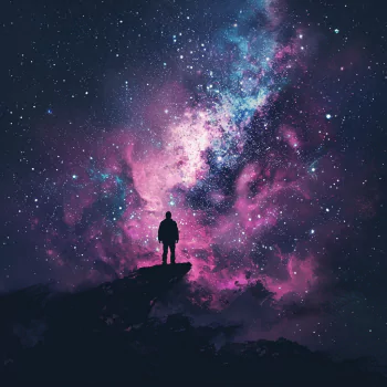 A vibrant profile photo of a person silhouetted against a cosmic galaxy with stars in shades of pink and blue.