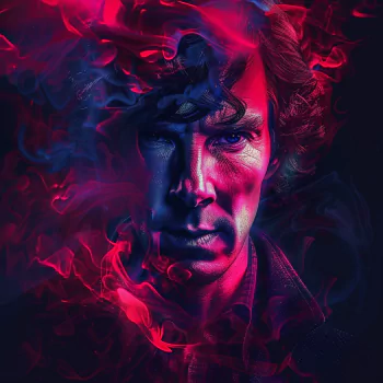 Profile photo of a fan art depiction of Sherlock Holmes in vibrant red and blue hues, featuring a mysterious and intense expression.
