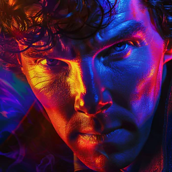 Fan art avatar of Sherlock Holmes with vibrant blue and red lighting effects.