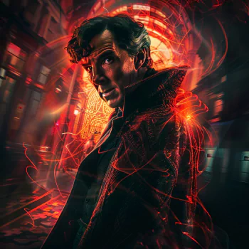 Profile photo of Sherlock Holmes fan art featuring a stylized portrait with vibrant red neon effects set against a moody urban backdrop.