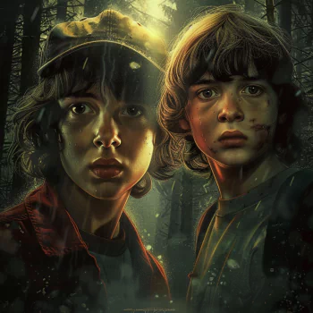 Avatar fan art depicting two characters from Stranger Things against a mysterious forest backdrop.
