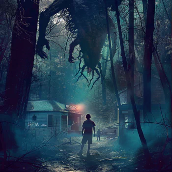 Stranger Things inspired fan art avatar featuring a silhouetted character facing a mysterious creature in a hauntingly lit forest.