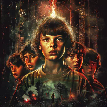 Stranger Things fan art avatar featuring a detailed illustration of the main characters with a mysterious, supernatural backdrop.
