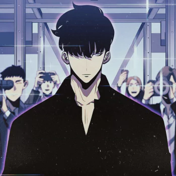 Anime avatar of Sung Jin-Woo from Solo Leveling, with a focused expression standing before a blurred crowd.