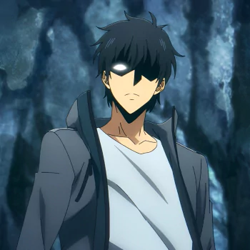 Avatar image of Sung Jin-Woo from Solo Leveling featuring him in a dark jacket over a white shirt, set against a shadowy, mystical background.