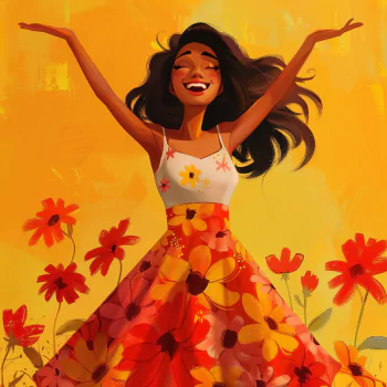 Avatar of a joyful woman in a vibrant floral summer dress, with arms raised and a beaming smile, set against a sunny backdrop.