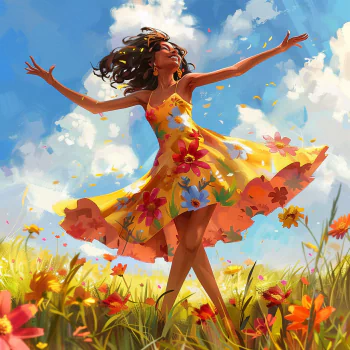 A smiling person in a vibrant floral summer dress spins joyfully in a field of flowers under a bright blue sky, embodying a carefree and sunny vibe.