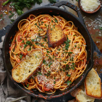 Avatar of a delicious spaghetti dish topped with herbs and cheese in a skillet, accompanied by slices of golden garlic bread.
