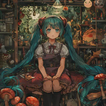Avatar of Hatsune Miku with long turquoise hair sitting in a cozy, plant-filled room