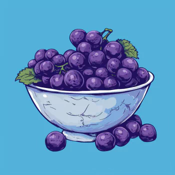 Illustration of a bowl full of ripe, purple grapes with leaves for an avatar on a blue background.