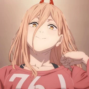Anime avatar of Power from Chainsaw Man, featuring her signature pink hair and horns, with a playful smile.