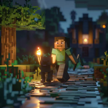 Minecraft game character avatar holding a torch and sword on a path at dusk.