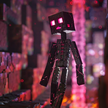 Profile photo of an Enderman character from Minecraft, depicted in a highly detailed, 3D style against a colorful, blurry background.