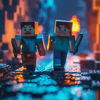 A vibrant avatar featuring two pixelated characters from Minecraft, armed with swords, walking together on a rain-slicked path illuminated by warm, glowing lights.