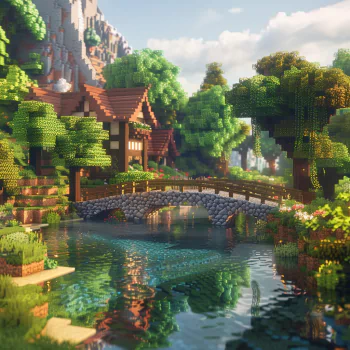 Stunning Minecraft avatar with picturesque landscape featuring a stone bridge over a tranquil river and a cozy cottage surrounded by lush greenery.