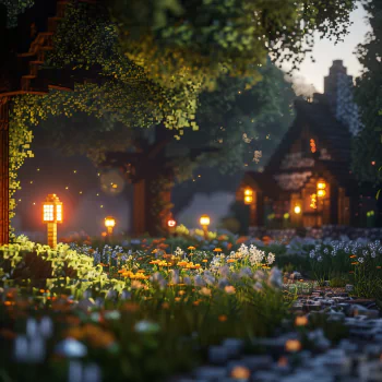 Minecraft avatar with a picturesque scene of a cozy house amid lush flowers and trees at dusk.