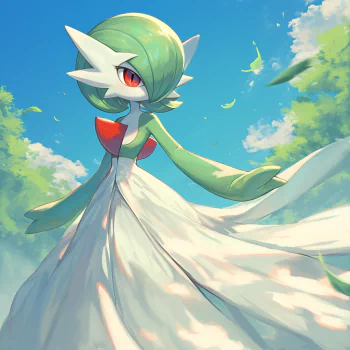 Anime-style avatar of Gardevoir, a Pokémon character, standing gracefully with a sunny sky backdrop.