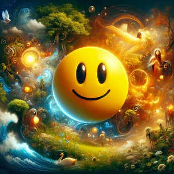 Fantastical avatar with a vibrant yellow smiley face set against a whimsical, colorful cosmic background.