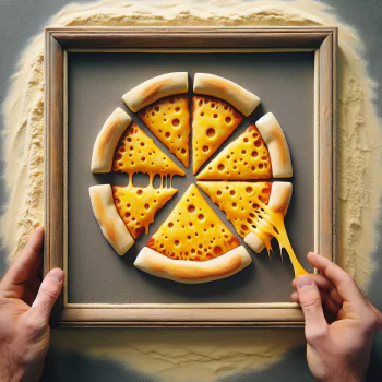 Avatar featuring a cheese pizza with one slice being pulled away, creating a cheese stretch, all within a picture frame held by hands.