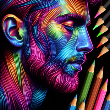 Colorful avatar of a stylized profile portrait illustrated with vibrant colored pencil strokes, surrounded by assorted colored pencils.