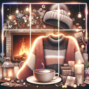 Avatar image featuring a cozy winter theme with a sweater, beanie, lit fireplace, hot beverage, and holiday gifts, conveying a warm and comfortable atmosphere.
