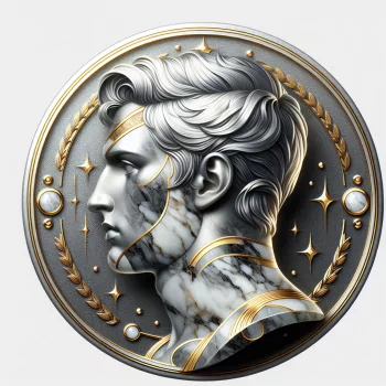 Profile photo of a detailed silver coin featuring an embossed classical male profile with golden accents and marble textures, surrounded by a laurel wreath.