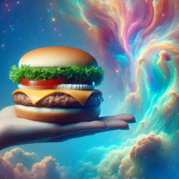 Stylized avatar featuring a cheeseburger with lettuce, cheese, and tomato on a hand against a cosmic space background.