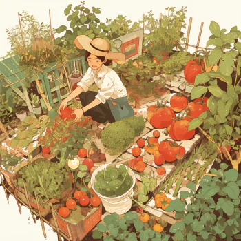 Illustration of a person tending to a lush vegetable garden with a variety of plants for a vibrant, gardening-themed profile avatar.