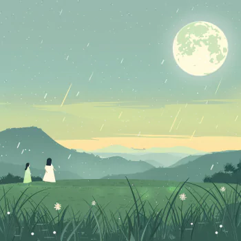 Illustration of a peaceful landscape avatar featuring two figures under a full moon with shooting stars and mountains in the background.