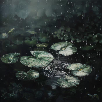 Atmospheric profile photo featuring a darkly lit pond scene with raindrops creating ripples around lush green lily pads.