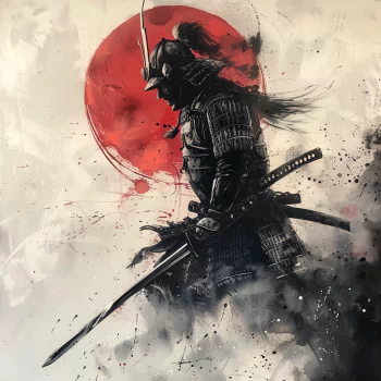 An artistic avatar featuring a samurai in armor under a large red sun, depicted in a dynamic and stylized black and white paint splatter style.