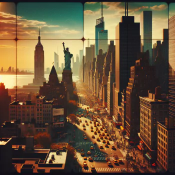 Stylized avatar profile picture featuring a vibrant New York City skyline at sunset with iconic landmarks.